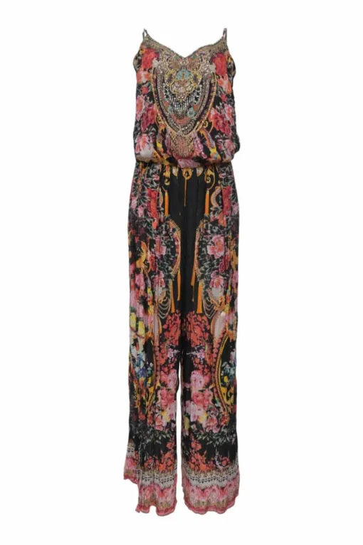 Black and pink embellished viscose silk abstract floral print tie-waist jumpsuit