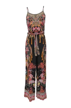 Black and pink embellished viscose silk abstract floral print tie-waist jumpsuit