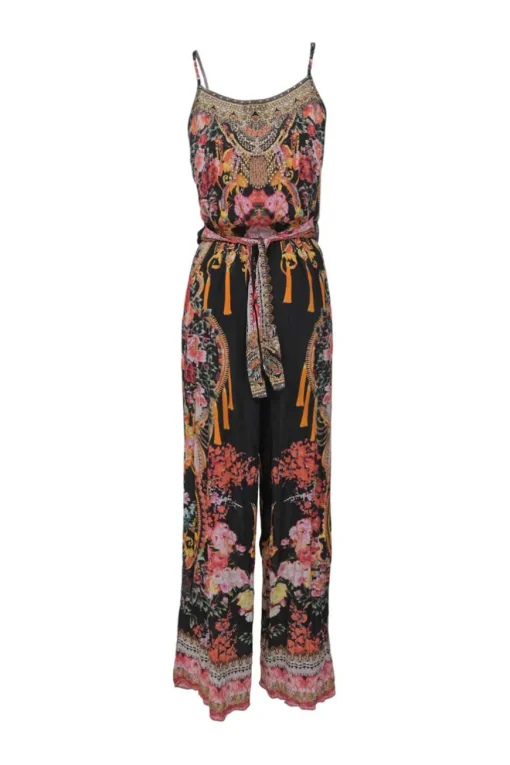 Black and pink embellished viscose silk abstract floral print tie-waist jumpsuit
