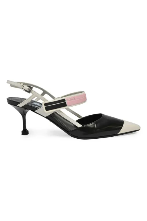Black and pink polished calfskin velcro slingback pointed-toe pumps