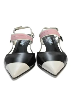 Black and pink polished calfskin velcro slingback pointed-toe pumps