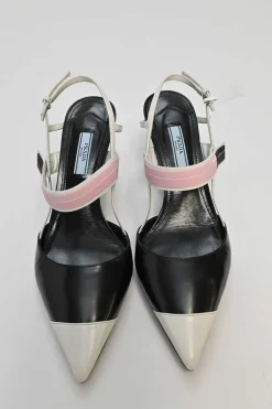 Black and pink polished calfskin velcro slingback pointed-toe pumps