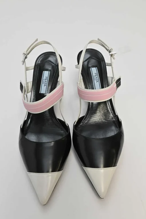 Black and pink polished calfskin velcro slingback pointed-toe pumps