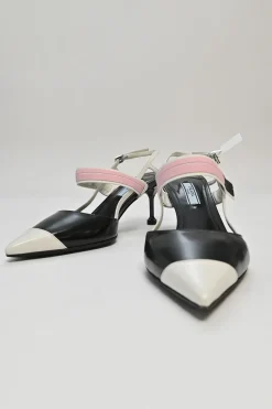 Black and pink polished calfskin velcro slingback pointed-toe pumps