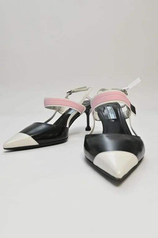 Black and pink polished calfskin velcro slingback pointed-toe pumps
