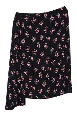 Black and pink silk crêpe floral print sarong-style skirt