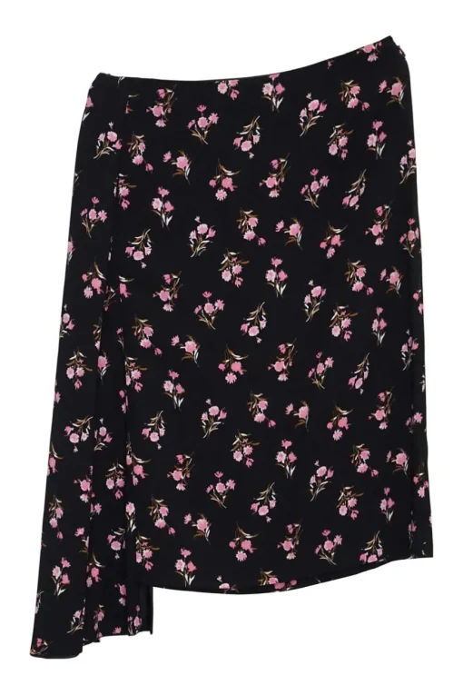 Black and pink silk crêpe floral print sarong-style skirt