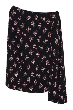 Black and pink silk crêpe floral print sarong-style skirt