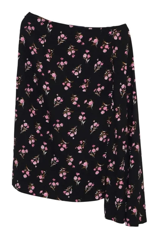 Black and pink silk crêpe floral print sarong-style skirt