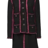 Black and pink wool-blend bouclé tweed two-piece set featuring collarless button-front jacket and mini skirt