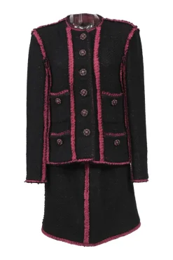 Black and pink wool-blend bouclé tweed two-piece set featuring collarless button-front jacket and mini skirt
