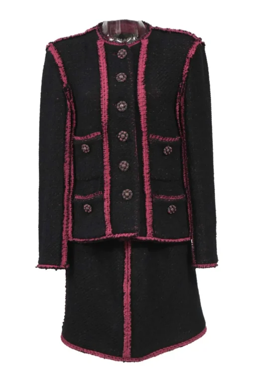 Black and pink wool-blend bouclé tweed two-piece set featuring collarless button-front jacket and mini skirt
