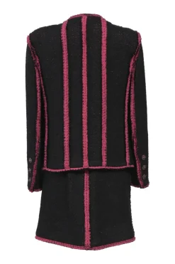 Black and pink wool-blend bouclé tweed two-piece set featuring collarless button-front jacket and mini skirt