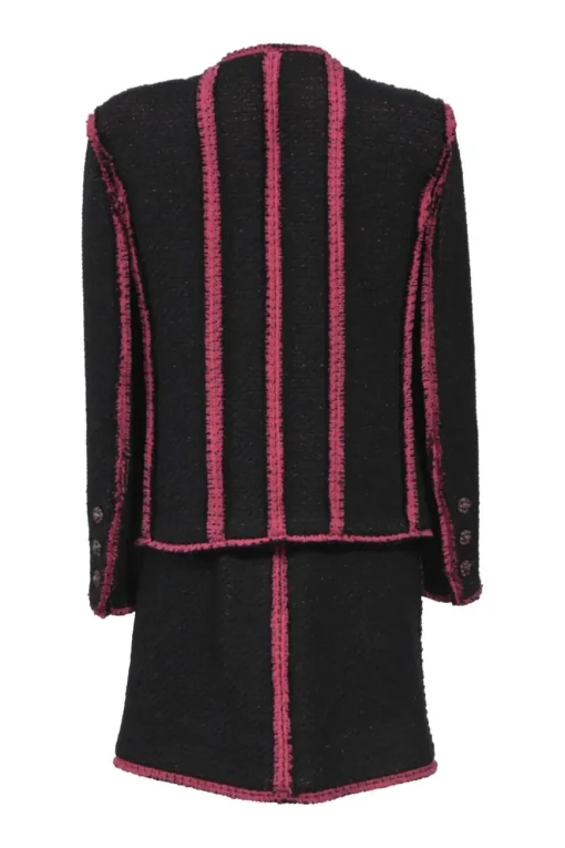 Black and pink wool-blend bouclé tweed two-piece set featuring collarless button-front jacket and mini skirt