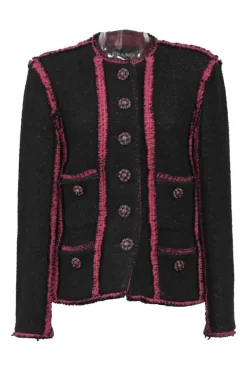 Black and pink wool-blend bouclé tweed two-piece set featuring collarless button-front jacket and mini skirt