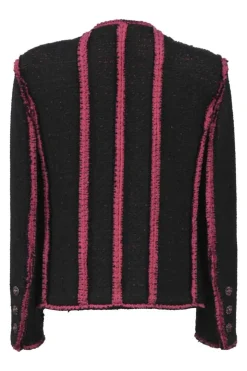 Black and pink wool-blend bouclé tweed two-piece set featuring collarless button-front jacket and mini skirt