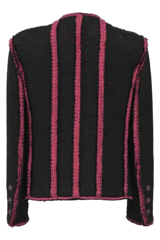 Black and pink wool-blend bouclé tweed two-piece set featuring collarless button-front jacket and mini skirt