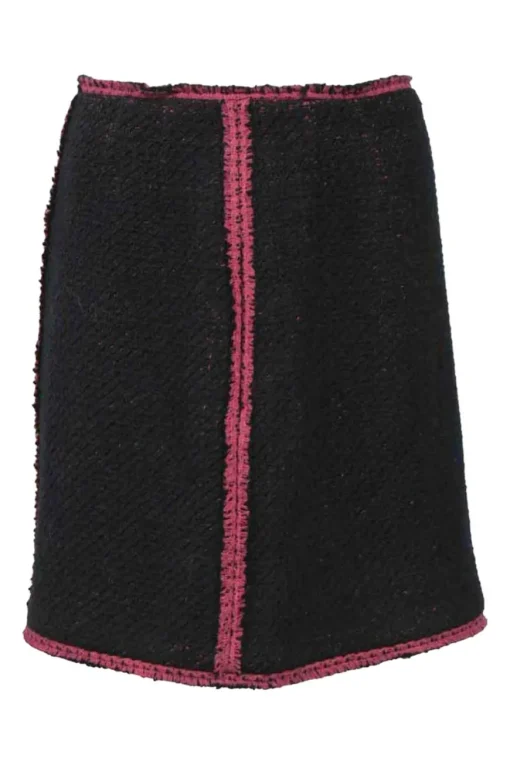 Black and pink wool-blend bouclé tweed two-piece set featuring collarless button-front jacket and mini skirt