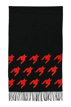 Black and red fringe scarf featuring graphic houndstooth motif