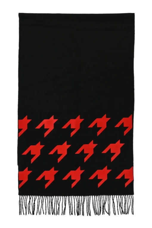 Black and red fringe scarf featuring graphic houndstooth motif