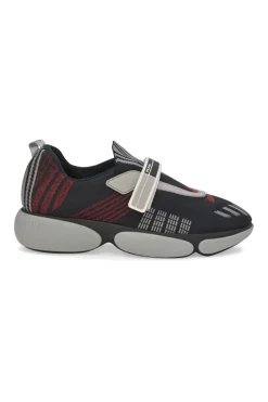 Black and red fully-fashioned warp knit and rubber Cloudbust low-top slip-on velcro sneakers