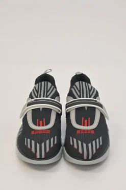 Black and red fully-fashioned warp knit and rubber Cloudbust low-top slip-on velcro sneakers
