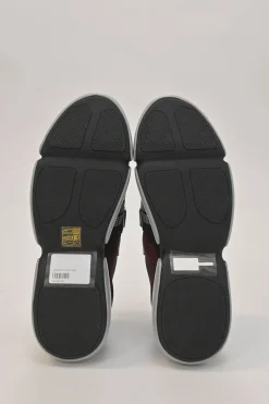 Black and red fully-fashioned warp knit and rubber Cloudbust low-top slip-on velcro sneakers