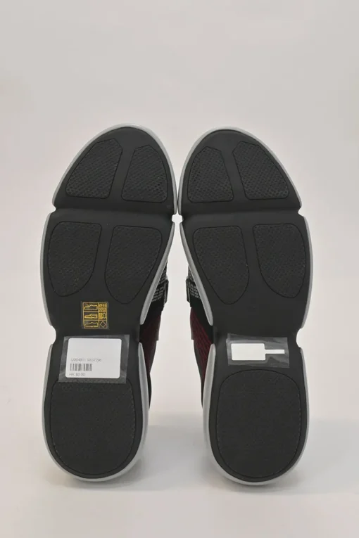 Black and red fully-fashioned warp knit and rubber Cloudbust low-top slip-on velcro sneakers