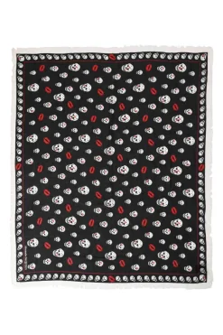 Black and red skull and lips print fringe scarf