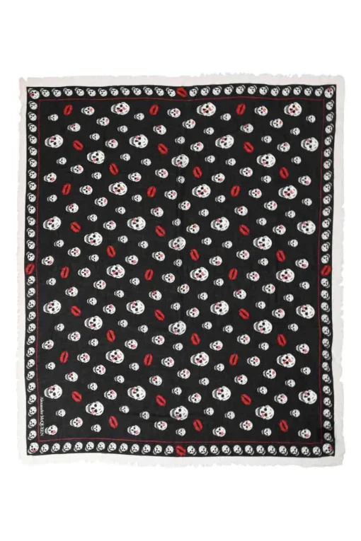 Black and red skull and lips print fringe scarf