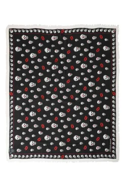Black and red skull and lips print fringe scarf