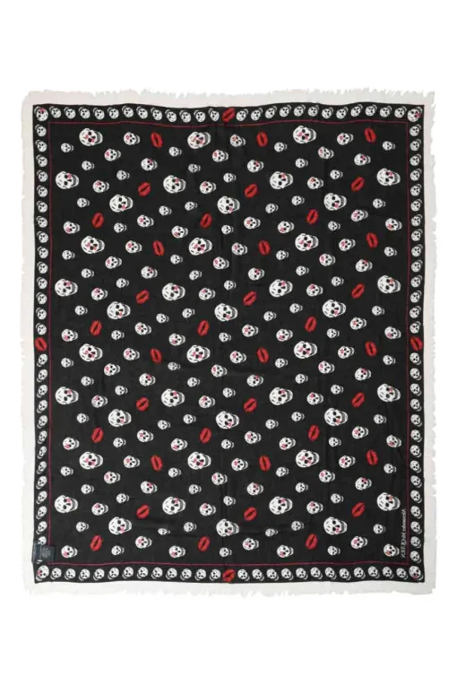 Black and red skull and lips print fringe scarf