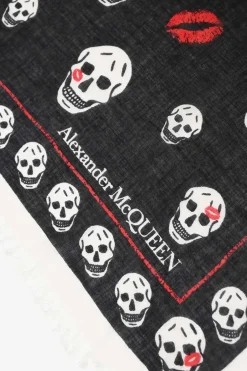 Black and red skull and lips print fringe scarf