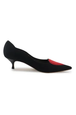 Black and red technical fabric Dioramour pointed-toe kitten heel court pumps with heart vamp appliqué