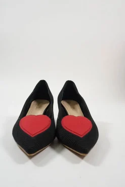 Black and red technical fabric Dioramour pointed-toe kitten heel court pumps with heart vamp appliqué