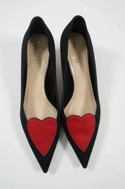 Black and red technical fabric Dioramour pointed-toe kitten heel court pumps with heart vamp appliqué