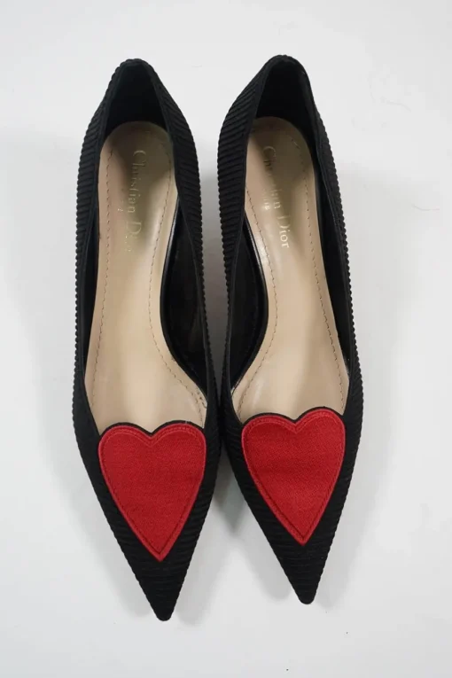Black and red technical fabric Dioramour pointed-toe kitten heel court pumps with heart vamp appliqué
