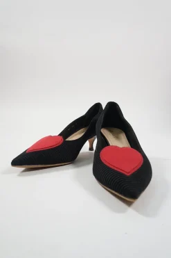 Black and red technical fabric Dioramour pointed-toe kitten heel court pumps with heart vamp appliqué