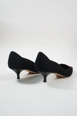 Black and red technical fabric Dioramour pointed-toe kitten heel court pumps with heart vamp appliqué