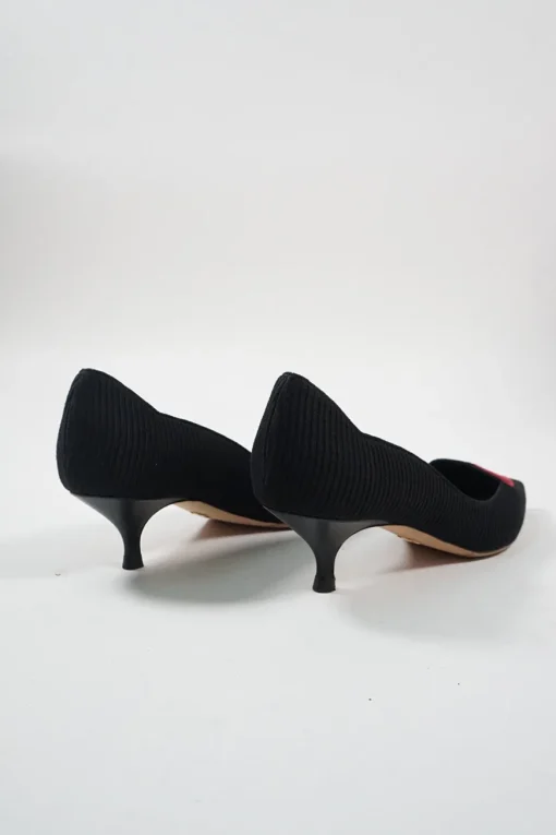 Black and red technical fabric Dioramour pointed-toe kitten heel court pumps with heart vamp appliqué