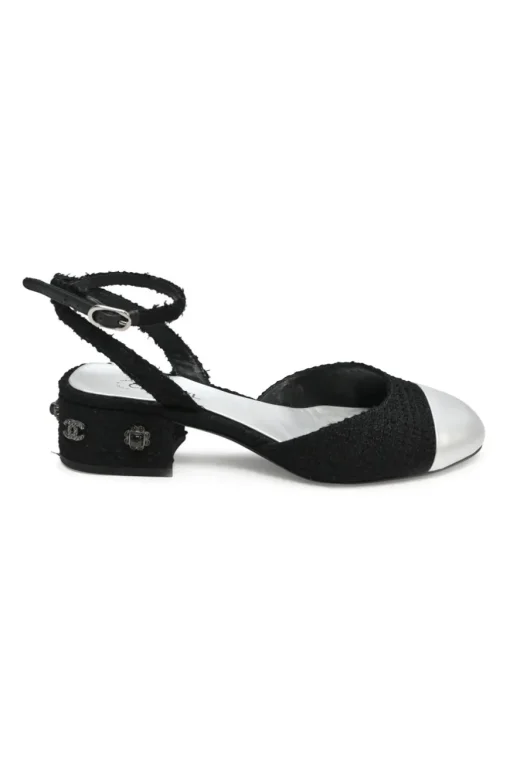 Black and silver bouclé tweed and goatskin slingback pumps with wrap buckle strap and Coco Mark heel
