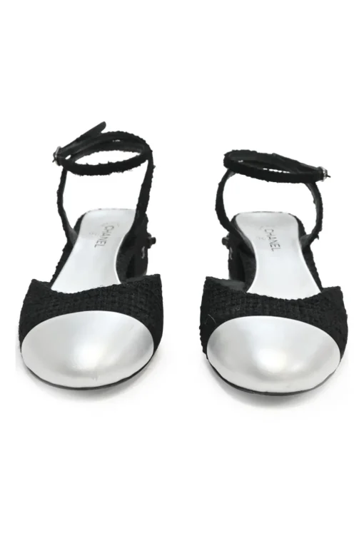 Black and silver bouclé tweed and goatskin slingback pumps with wrap buckle strap and Coco Mark heel