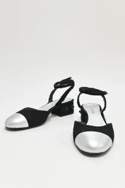 Black and silver bouclé tweed and goatskin slingback pumps with wrap buckle strap and Coco Mark heel