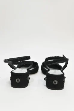 Black and silver bouclé tweed and goatskin slingback pumps with wrap buckle strap and Coco Mark heel