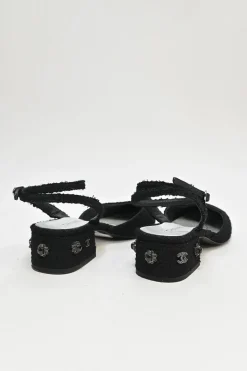 Black and silver bouclé tweed and goatskin slingback pumps with wrap buckle strap and Coco Mark heel