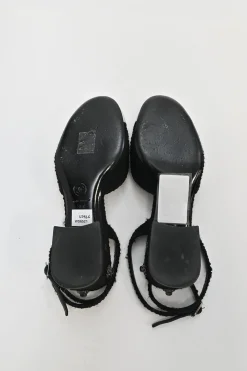 Black and silver bouclé tweed and goatskin slingback pumps with wrap buckle strap and Coco Mark heel