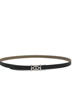 Black and taupe brown leather skinny reversible Ancre buckle belt with palladium-plated hardware
