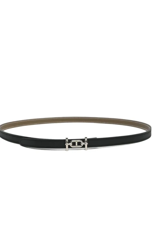Black and taupe brown leather skinny reversible Ancre buckle belt with palladium-plated hardware