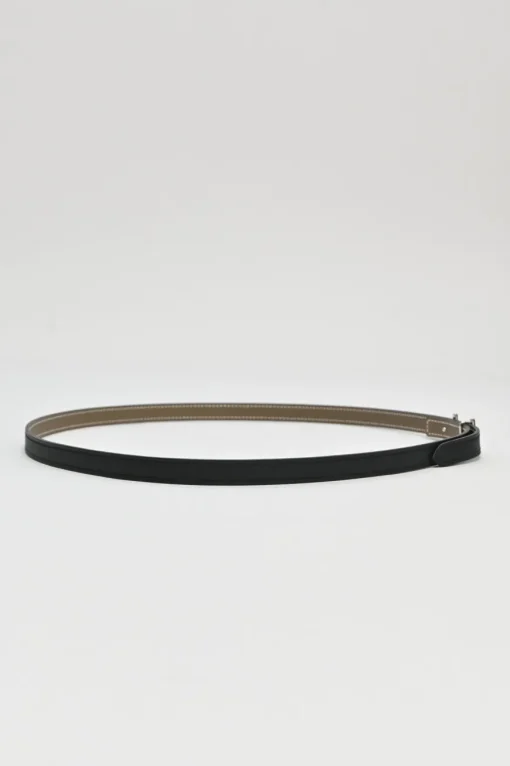 Black and taupe brown leather skinny reversible Ancre buckle belt with palladium-plated hardware