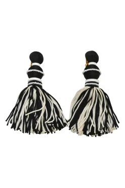 Black and white beaded silk short tassel drop clip earrings